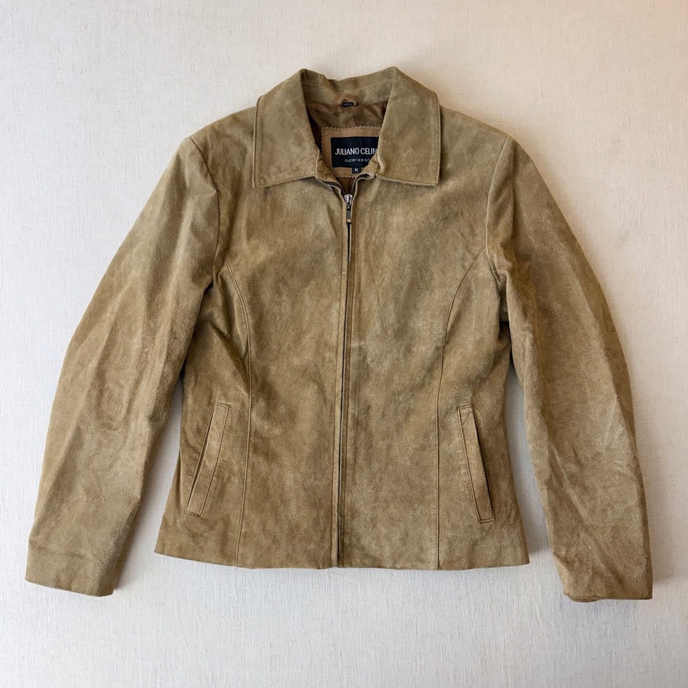 Juliano Celini Suede Leather Zip Front Jacket Womens Medium Tan